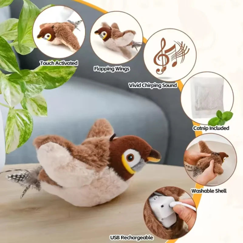 Interactive Flapping Bird Cat Toy – Touch-Activated Rechargeable Simulation Bird with Catnip, Fluffy Plush, Auto-Flapping Wings