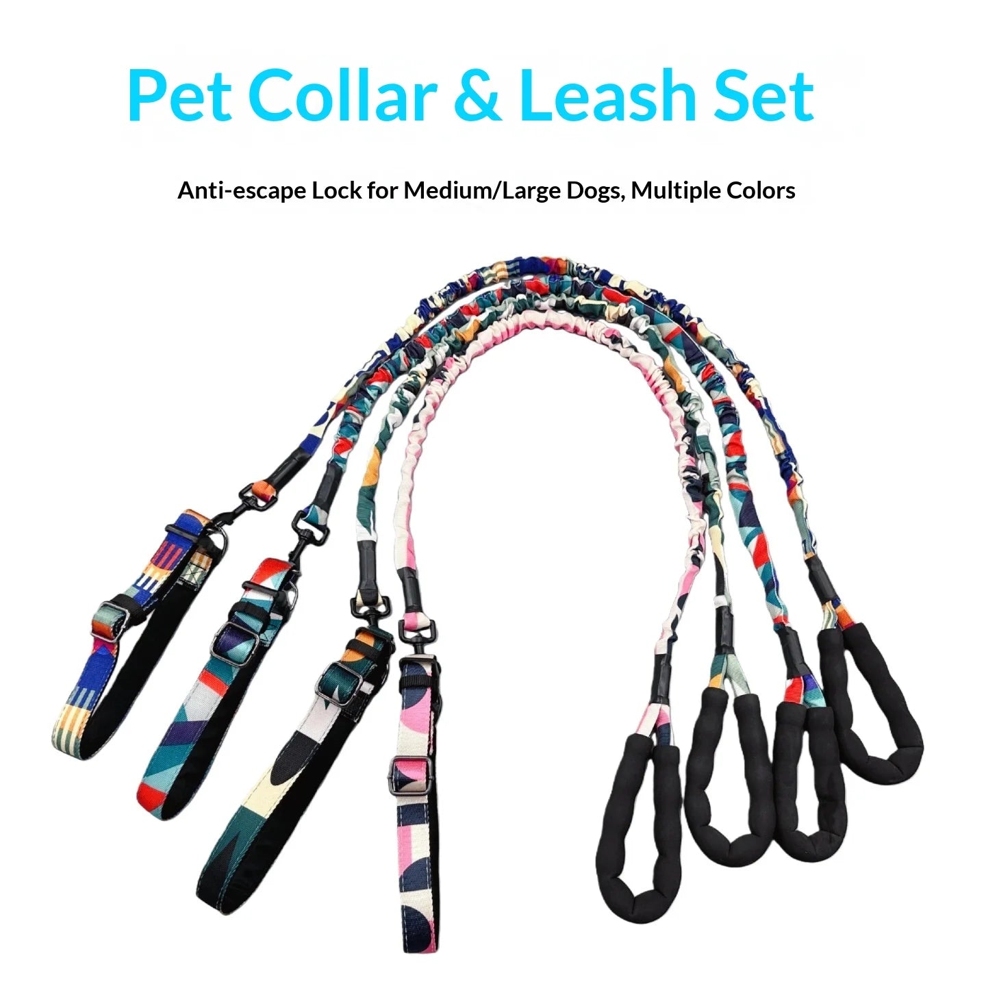 Camouflage Dog Collar & Leash Set — Elastic Anti-Shock, 25cm Width, 130–170cm Leash
