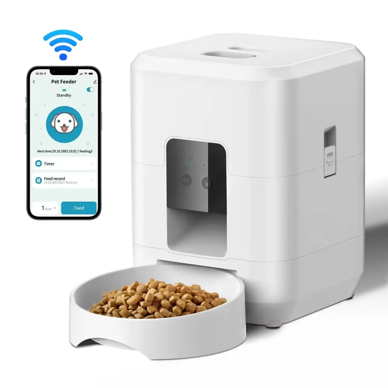 Automatic Pet Feeder – Timed & Quantitative Cat & Dog Food Dispenser, 2L, Button or WiFi App Control, Black & White