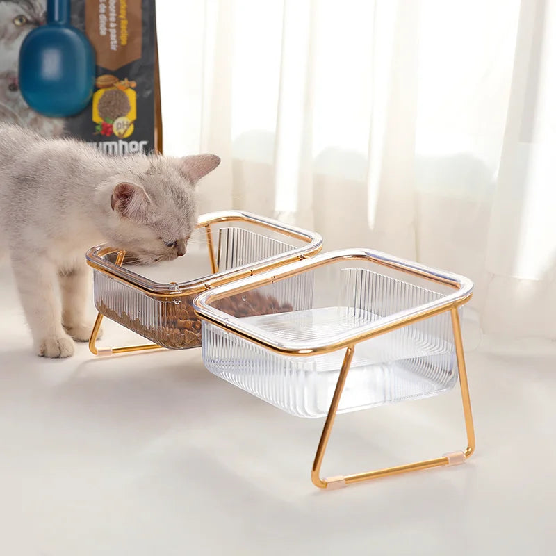 Elevated Tilted Cat & Dog Bowl – 15° Angled Transparent Pet Feeding Bowl with Anti-Tip Iron Stand, Single or Double Bowl
