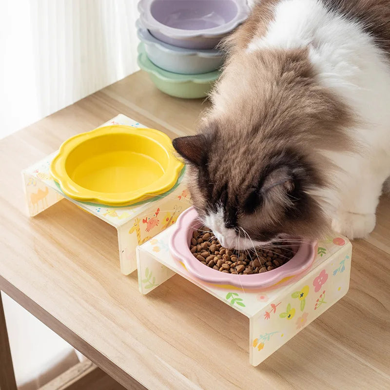 Cartoon Pet Bowl Cat Bowl Acrylic Stand Floral Ceramic Cat Bowl Neck Protection Cat Bowl Dog Food Bowl Cat Feeder  Pet Supplies
