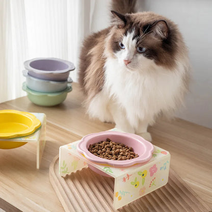 Cartoon Pet Bowl Cat Bowl Acrylic Stand Floral Ceramic Cat Bowl Neck Protection Cat Bowl Dog Food Bowl Cat Feeder  Pet Supplies