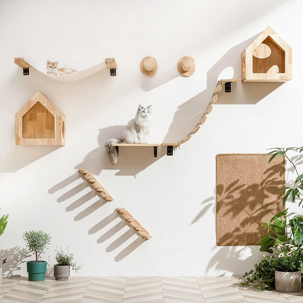 Wall-Mounted Cat Climbing Shelf – Modular Cat Wall Furniture with Hammock, Stairway, Scratching Post & Perch, Pine Wood