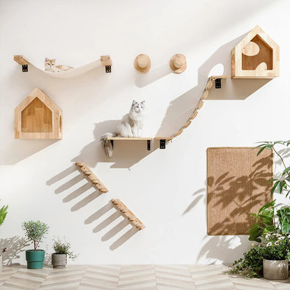 Wall-Mounted Cat Climbing Shelf – Modular Cat Wall Furniture with Hammock, Stairway, Scratching Post & Perch, Pine Wood