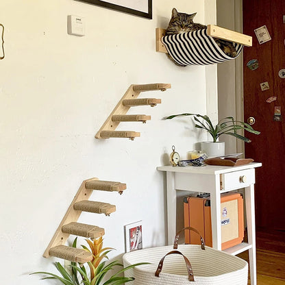 Wall-Mounted Cat Climbing Shelf – Modular Cat Wall Furniture with Hammock, Stairway, Scratching Post & Perch, Pine Wood