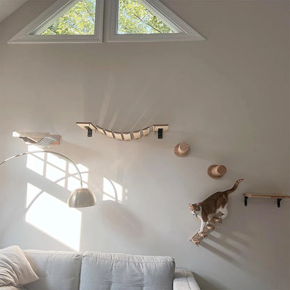 Wall-Mounted Cat Climbing Shelf – Modular Cat Wall Furniture with Hammock, Stairway, Scratching Post & Perch, Pine Wood