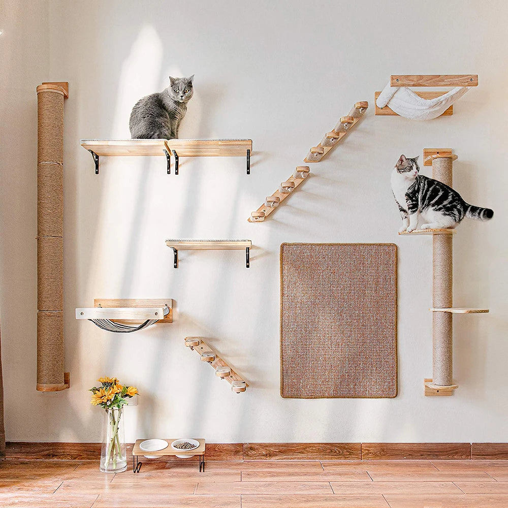 Wall-Mounted Cat Climbing Shelf – Modular Cat Wall Furniture with Hammock, Stairway, Scratching Post & Perch, Pine Wood