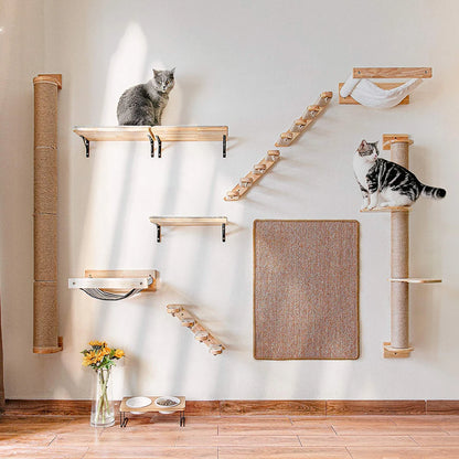 Wall-Mounted Cat Climbing Shelf – Modular Cat Wall Furniture with Hammock, Stairway, Scratching Post & Perch, Pine Wood