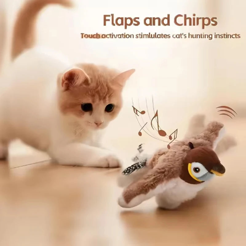 Interactive Flapping Bird Cat Toy – Touch-Activated Rechargeable Simulation Bird with Catnip, Fluffy Plush, Auto-Flapping Wings