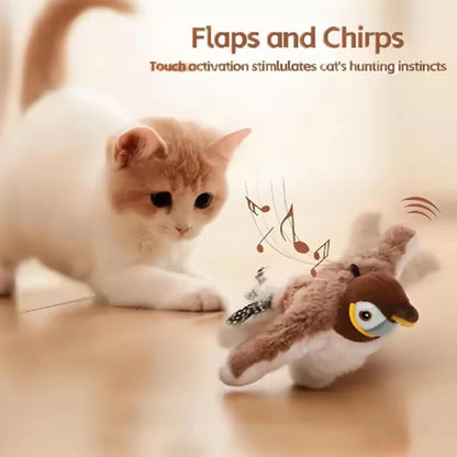 Interactive Flapping Bird Cat Toy – Touch-Activated Rechargeable Simulation Bird with Catnip, Fluffy Plush, Auto-Flapping Wings