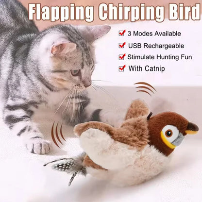 Interactive Flapping Bird Cat Toy – Touch-Activated Rechargeable Simulation Bird with Catnip, Fluffy Plush, Auto-Flapping Wings