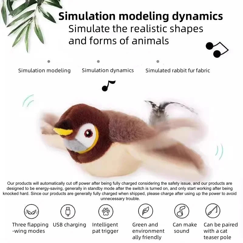 Interactive Flapping Bird Cat Toy – Touch-Activated Rechargeable Simulation Bird with Catnip, Fluffy Plush, Auto-Flapping Wings