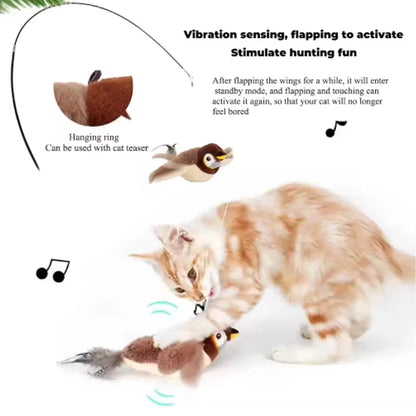 Interactive Flapping Bird Cat Toy – Touch-Activated Rechargeable Simulation Bird with Catnip, Fluffy Plush, Auto-Flapping Wings