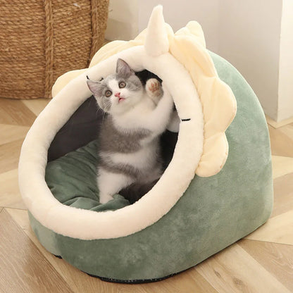 Cartoon Cat Ear Cave Bed – Semi-Enclosed, Washable, Foldable Deep Sleep Bed for Cats & Small Dogs