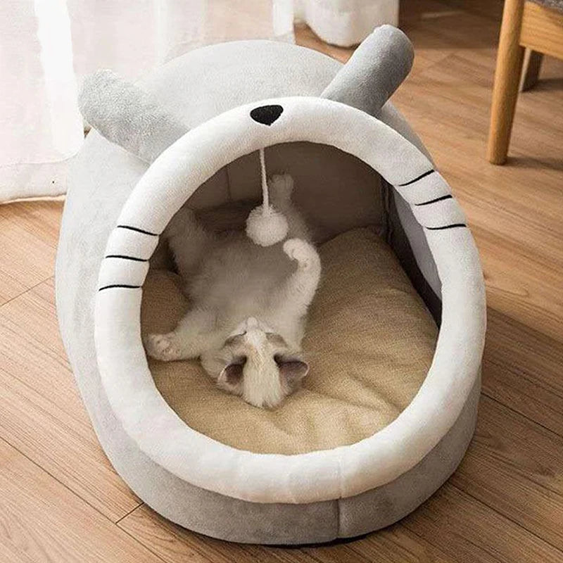 Cartoon Cat Ear Cave Bed – Semi-Enclosed, Washable, Foldable Deep Sleep Bed for Cats & Small Dogs