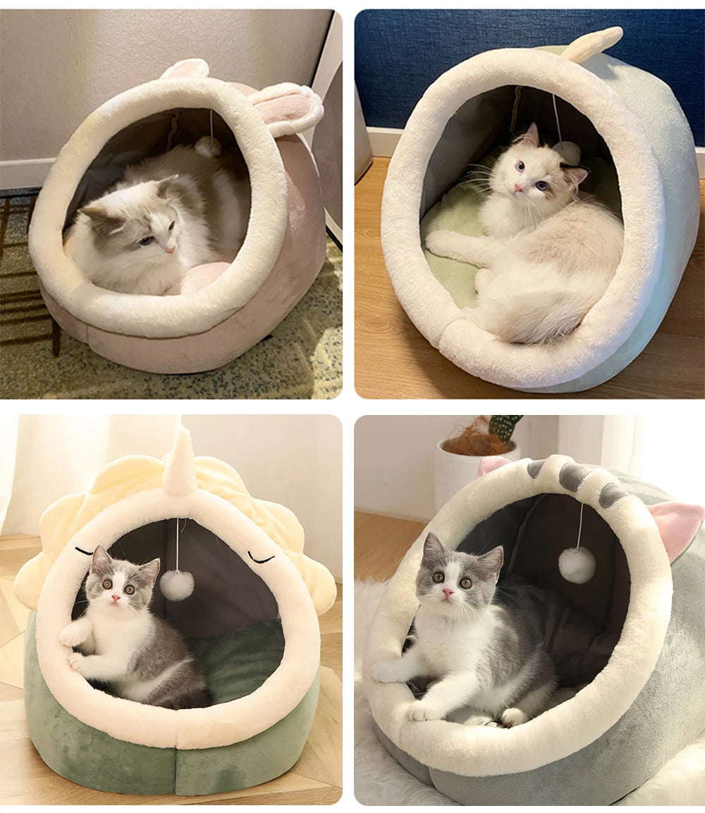 Cartoon Cat Ear Cave Bed – Semi-Enclosed, Washable, Foldable Deep Sleep Bed for Cats & Small Dogs