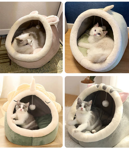 Cartoon Cat Ear Cave Bed – Semi-Enclosed, Washable, Foldable Deep Sleep Bed for Cats & Small Dogs