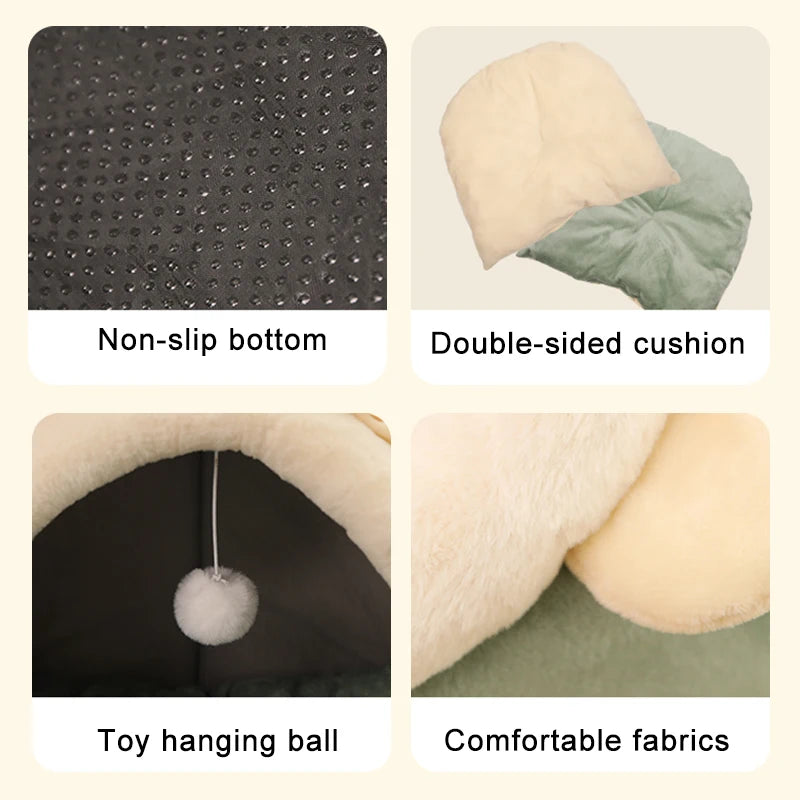 Cartoon Cat Ear Cave Bed – Semi-Enclosed, Washable, Foldable Deep Sleep Bed for Cats & Small Dogs