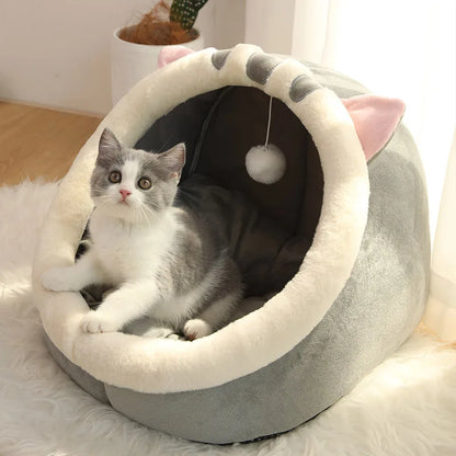 Cartoon Cat Ear Cave Bed – Semi-Enclosed, Washable, Foldable Deep Sleep Bed for Cats & Small Dogs