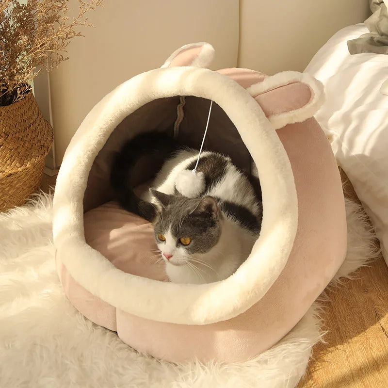 Cartoon Cat Ear Cave Bed – Semi-Enclosed, Washable, Foldable Deep Sleep Bed for Cats & Small Dogs