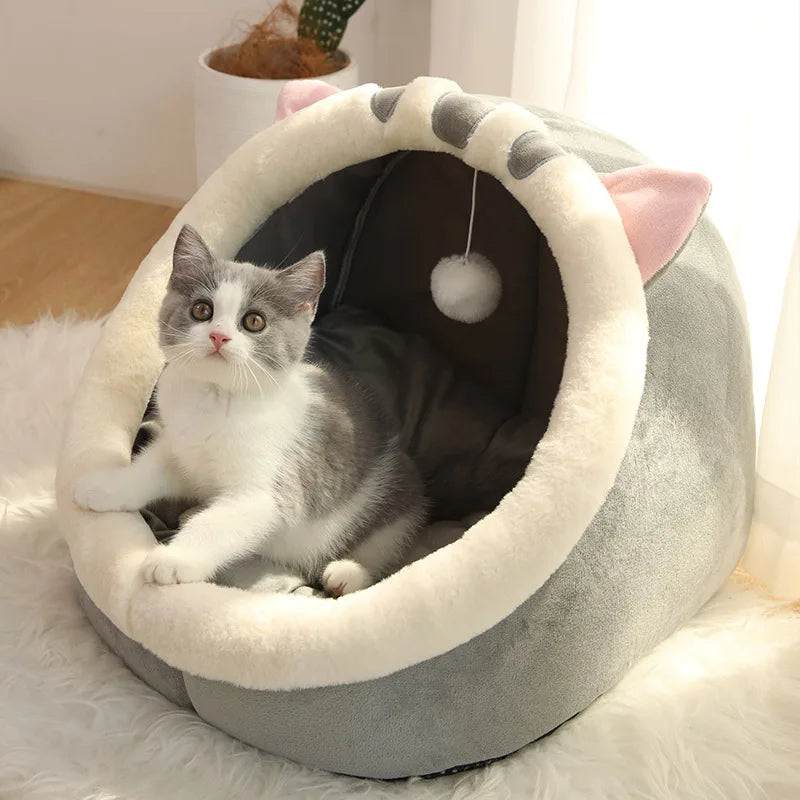 Cartoon Cat Ear Cave Bed – Semi-Enclosed, Washable, Foldable Deep Sleep Bed for Cats & Small Dogs