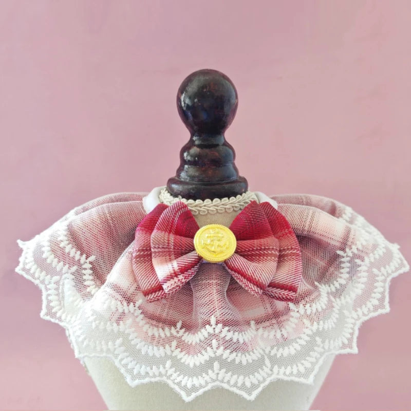 NEW Cat Products Winter Polyester Pet Bow Bib with Lace Edges Sweet Spring and Summer Styles Checkered Fabric