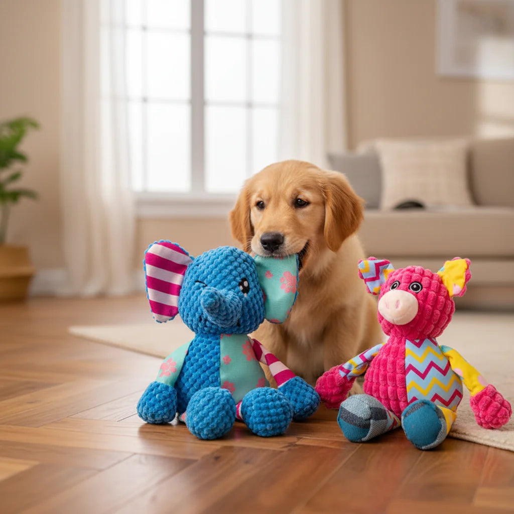 Cute Squeaky Chew Dog Plush Toy | 3 Colors Blue Orange Brown