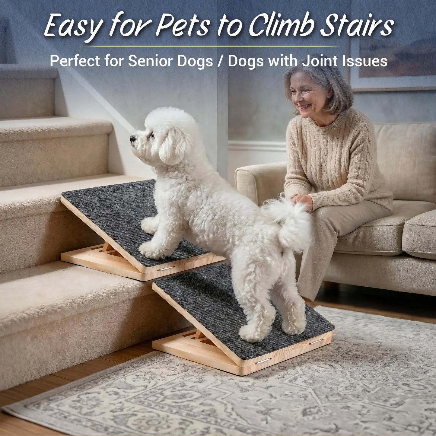 Adjustable Wooden Dog Ramp for Stairs Non-Slip Stair Wedges for Small Dogs Foldable Indoor Dog Stair Ramp