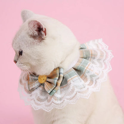NEW Cat Products Winter Polyester Pet Bow Bib with Lace Edges Sweet Spring and Summer Styles Checkered Fabric