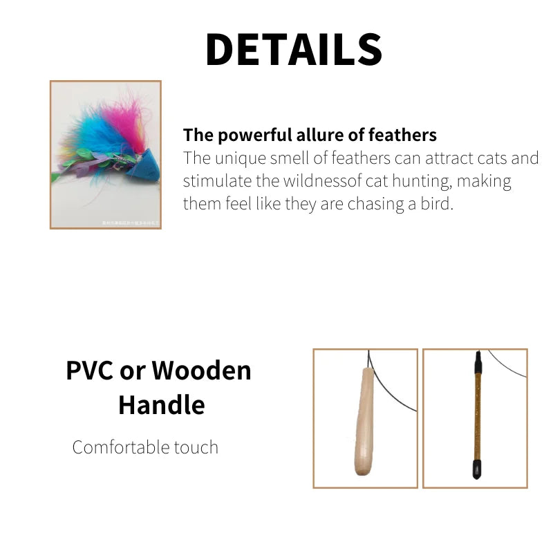 Feather Cat Teaser Wand with Bell | Steel Wire Wand & Replacement Heads | 7 Styles