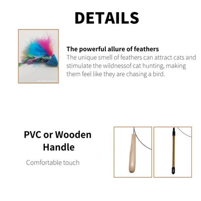 Feather Cat Teaser Wand with Bell – Steel Wire Wand & Replacement Heads