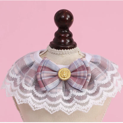 NEW Cat Products Winter Polyester Pet Bow Bib with Lace Edges Sweet Spring and Summer Styles Checkered Fabric