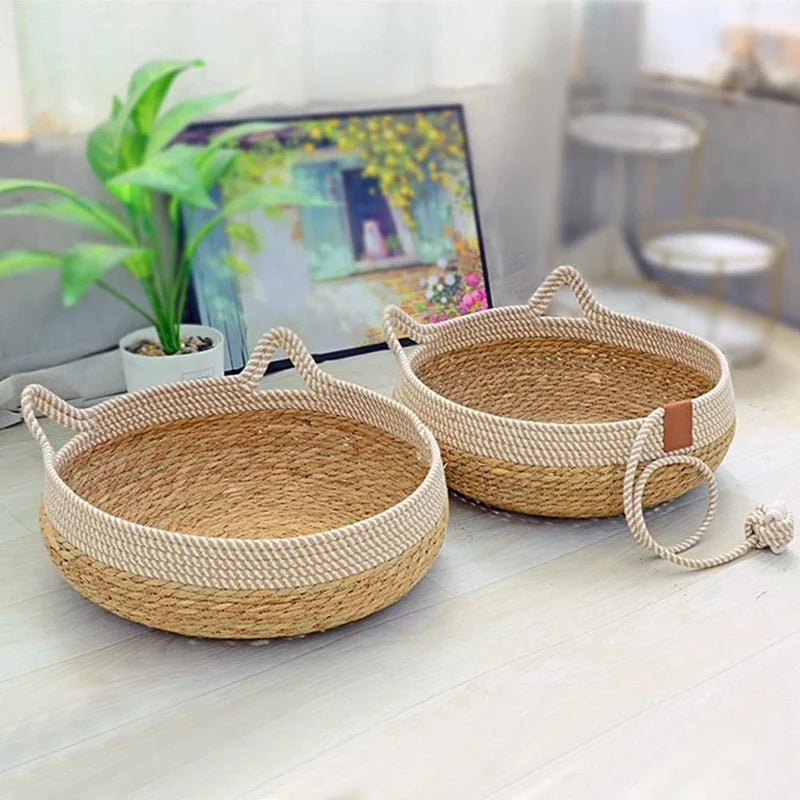 Removable Woven Cat Bed Upholstery Sleeping House Cat Scratch Floor Rattan Wear-resistant Washable Cat Cave Pet Supplies