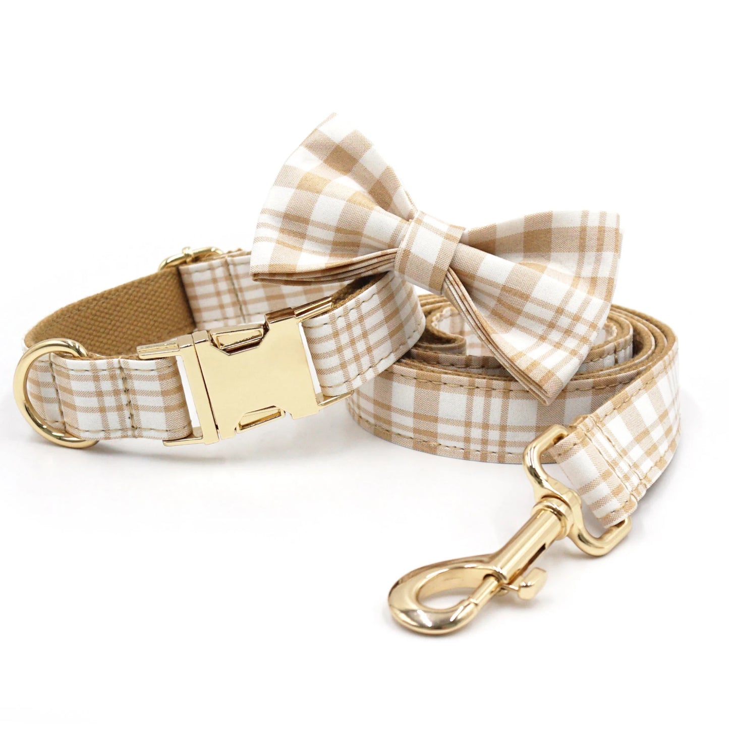 2025 NEW Fashion Yellow Brown Plaid Dog Cat Leash Bowtie Collar Plaid Fabric Golden Metal Buckle Professional Pet Products