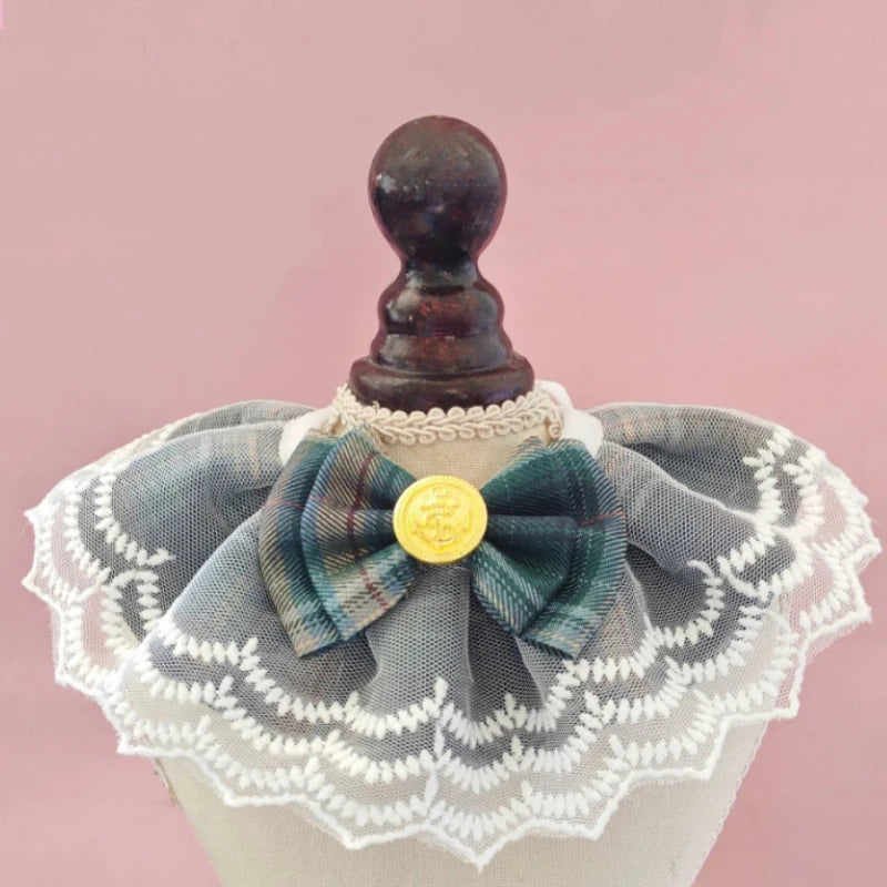 NEW Cat Products Winter Polyester Pet Bow Bib with Lace Edges Sweet Spring and Summer Styles Checkered Fabric