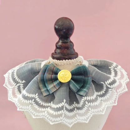 NEW Cat Products Winter Polyester Pet Bow Bib with Lace Edges Sweet Spring and Summer Styles Checkered Fabric