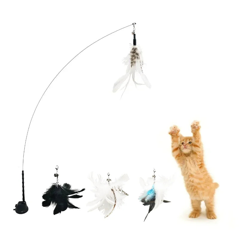 Dancing Feather Suction Cup Cat Toy | Removable Wire Rod & Replacement Heads | 9 Styles
