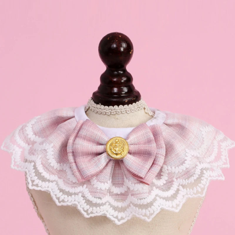 NEW Cat Products Winter Polyester Pet Bow Bib with Lace Edges Sweet Spring and Summer Styles Checkered Fabric