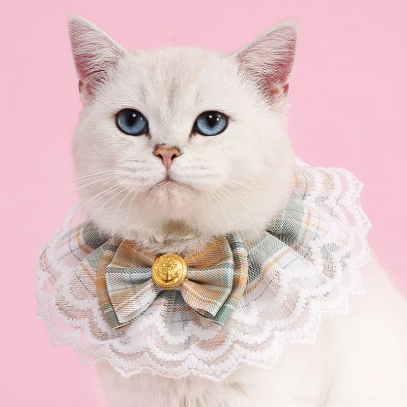 NEW Cat Products Winter Polyester Pet Bow Bib with Lace Edges Sweet Spring and Summer Styles Checkered Fabric