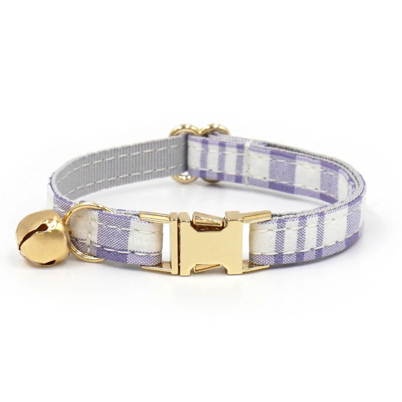 2025 New Product Gold Dog Leash Blue Webbing Classic Plaid Fabric Dog Collars Adjustable Pet Bowtie