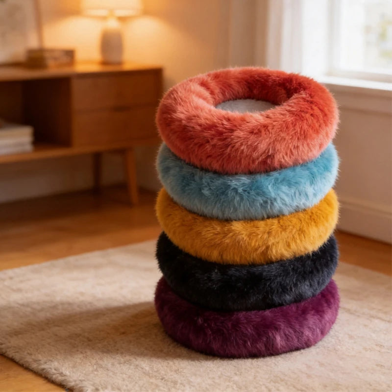 Anti-Anxiety Self-Warming Long Plush Round Pet Bed for Cats & Dogs