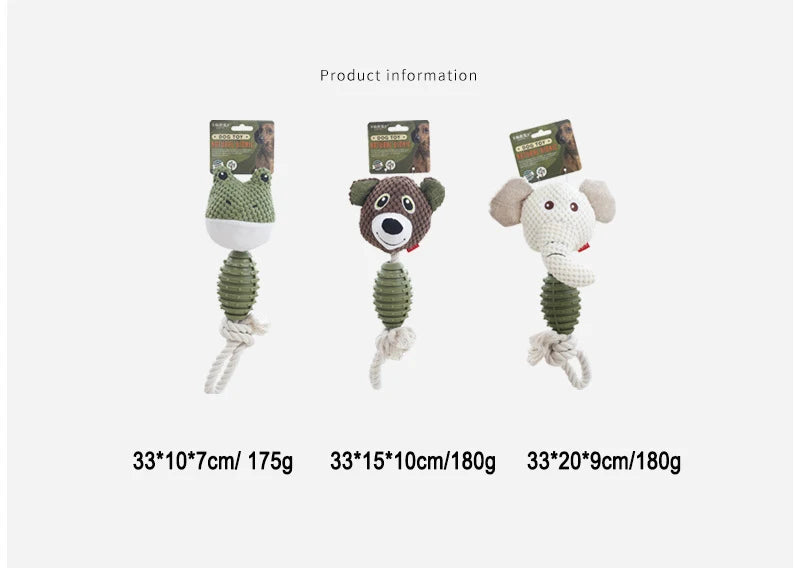 Squeaky Rope TPR Plush Dog Toy | Green White Brown | BSCI Certified