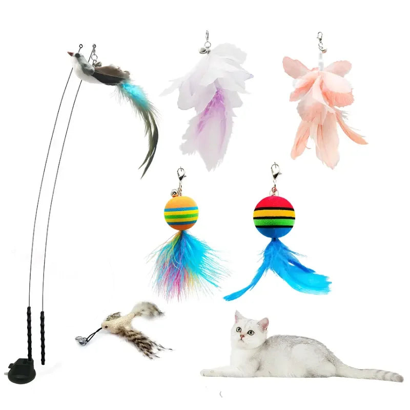 Suction Cup Cat Teaser Wand Suit | Feather Replacement Heads + 2 Sticks | 2 Bundle Options