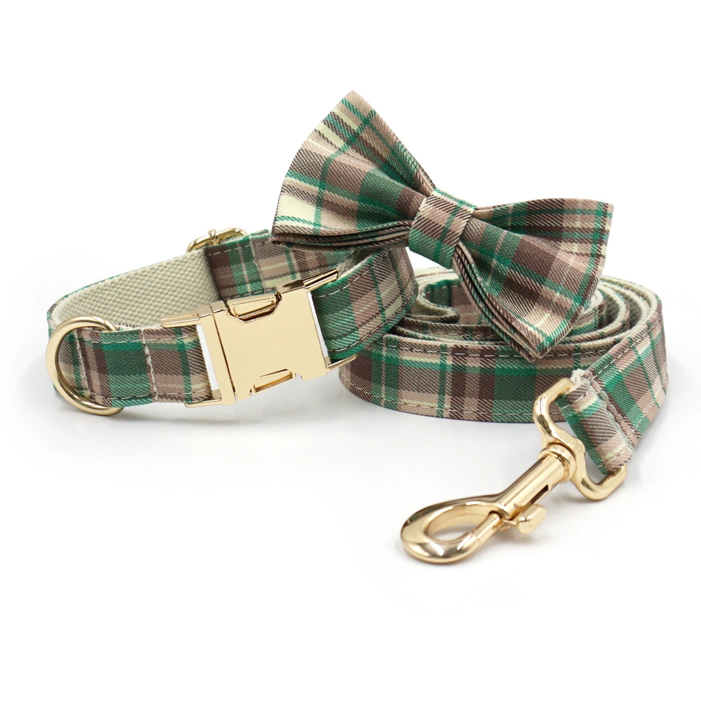 2025 NEW Fashion Green Brown Plaid Dog Leash Bowtie Collar Plaid Fabric Golden Metal Buckle Professional Pet Products