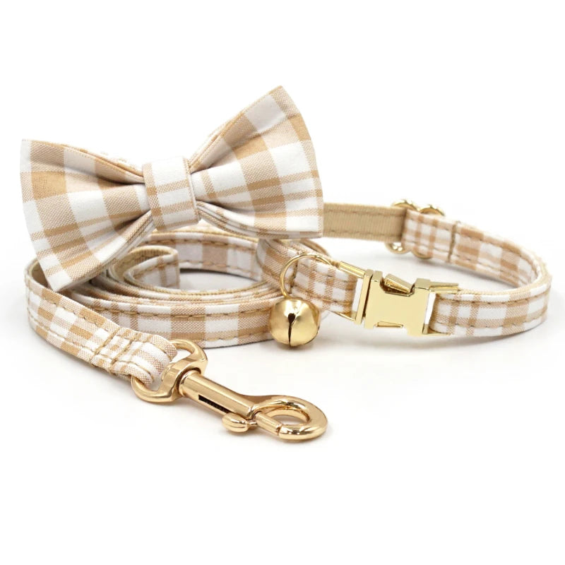 2025 New Product Gold Dog Leash Blue Webbing Classic Plaid Fabric Dog Collars Adjustable Pet Bowtie