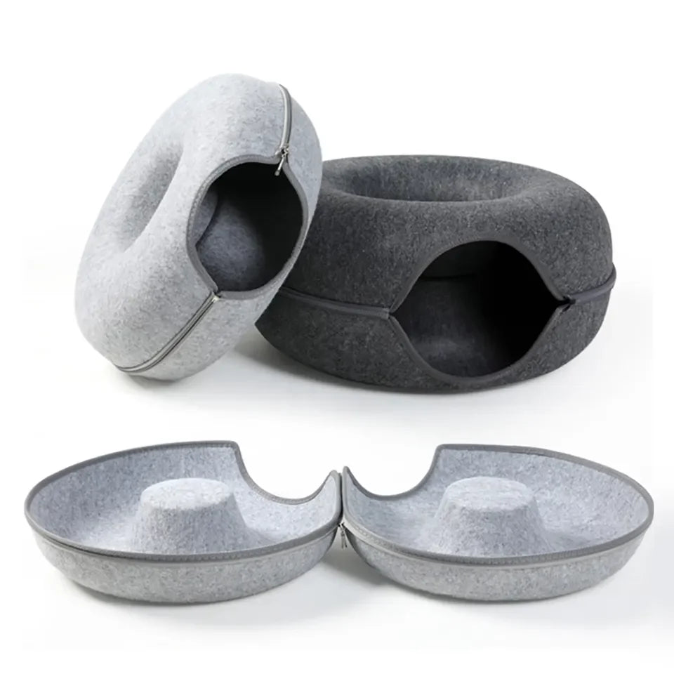 Donut Cat Cave Bed – Felt & Corrugated Cardboard, Cozy Enclosed Cat Sleeping House