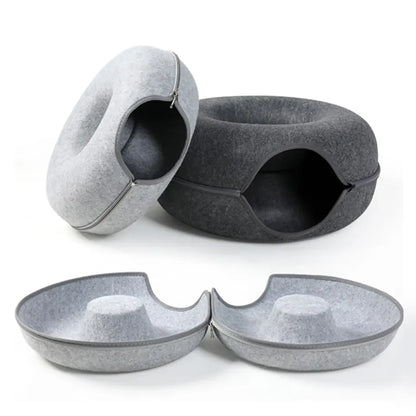 Donut Cat Cave Bed – Felt & Corrugated Cardboard, Cozy Enclosed Cat Sleeping House