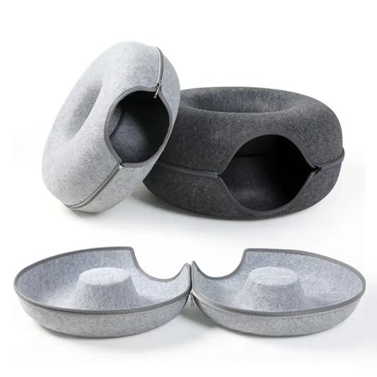 Donut Cat Cave Bed – Felt & Corrugated Cardboard, Cozy Enclosed Cat Sleeping House