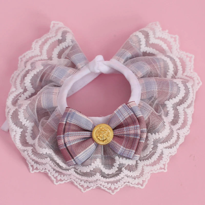 NEW Cat Products Winter Polyester Pet Bow Bib with Lace Edges Sweet Spring and Summer Styles Checkered Fabric