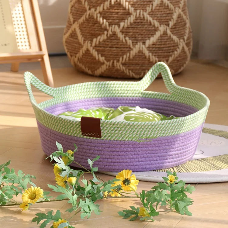 Factory Popular Puppy Bed Breathable Odorless Natural Cotton Hand Woven Rattan Pet Bed